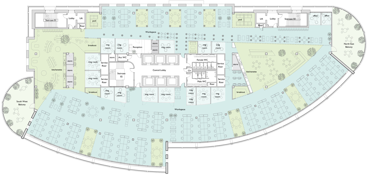 Westgate typical floor fit-out spaceplan, 158 Workstations.